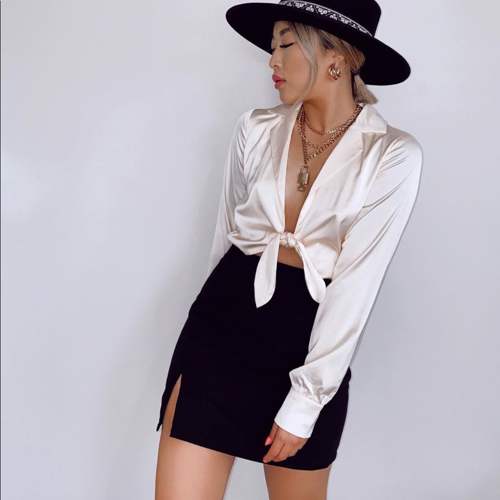 Revolve // Superdown Satin Tie Front Bodysuit peach cream